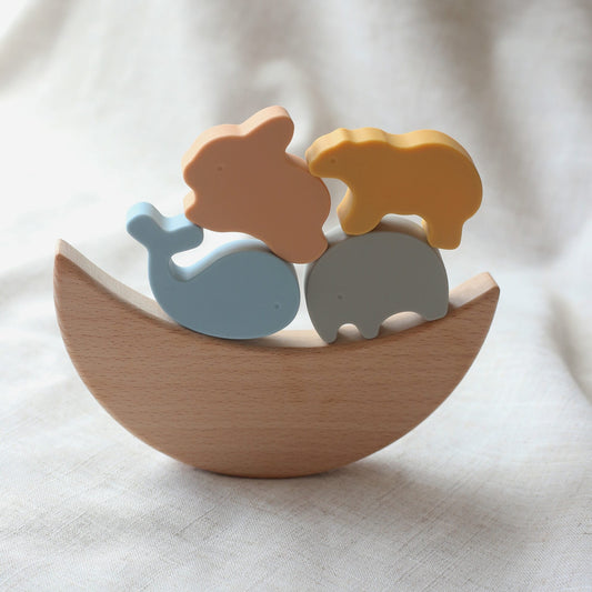 Wooden Noah's Ark Balancing Stacker with Silicone Animals